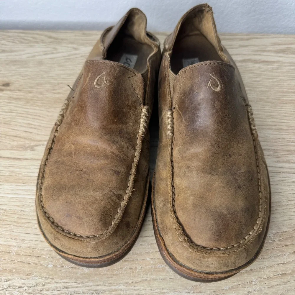 OluKai‎ Moloa Mens Brown Leather Slip On Loafers Drop-In Heel 10128-2733 Size 9